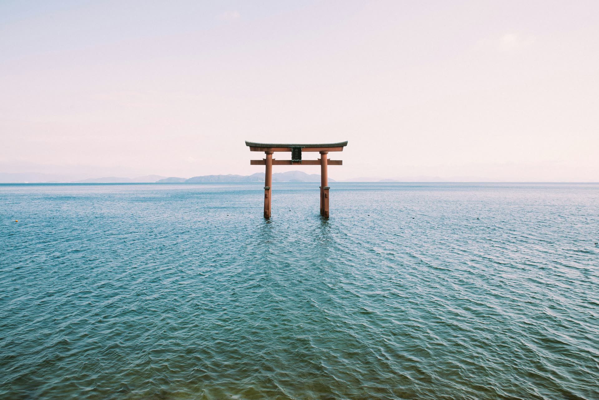 A vermilion torii gate stands alone in calm open water under a soft pink sky.