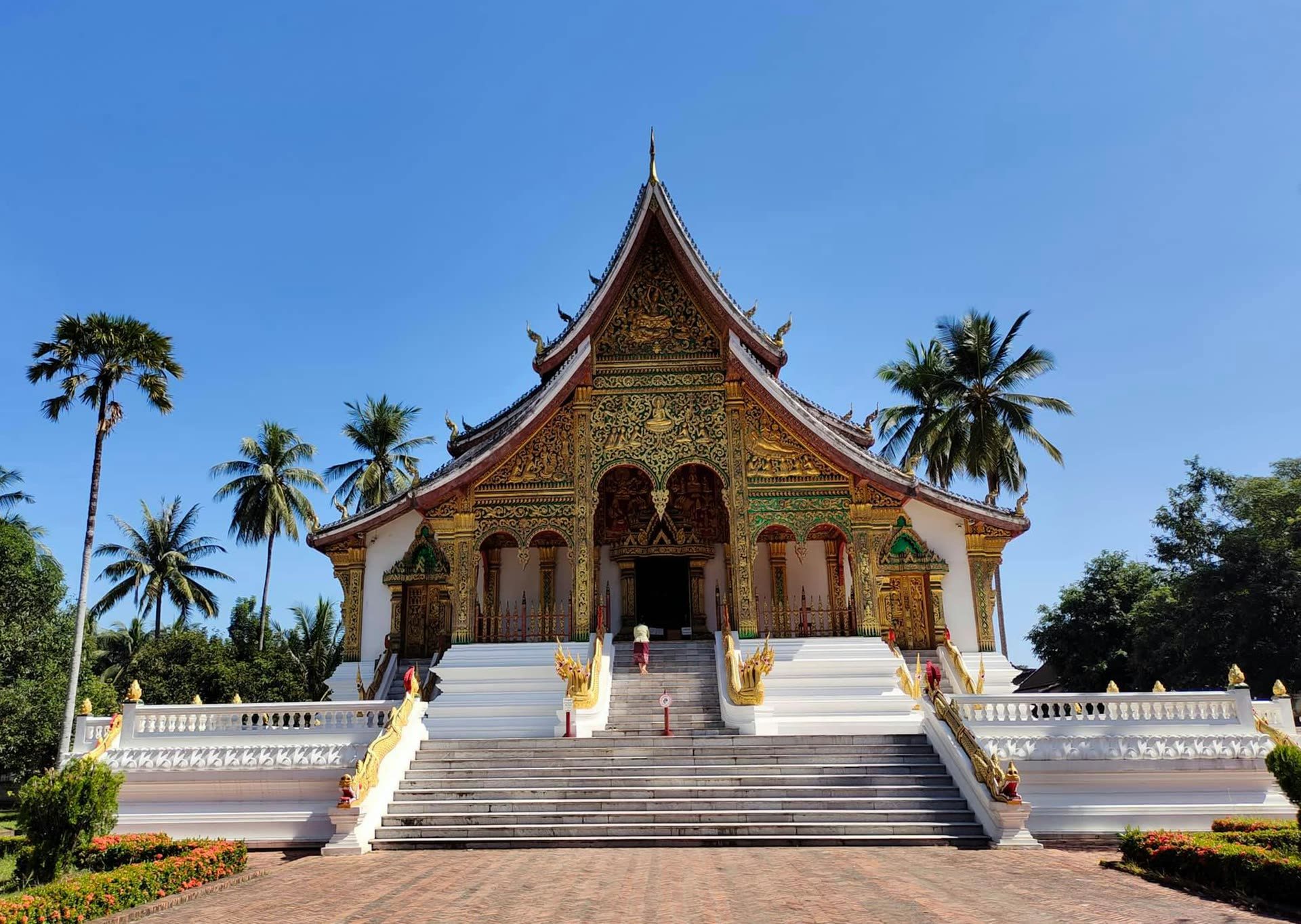 White steps lead up to the gilded entrance of Haw Pha Bang temple in Luang Prabang, framed by palm trees and blue sky.