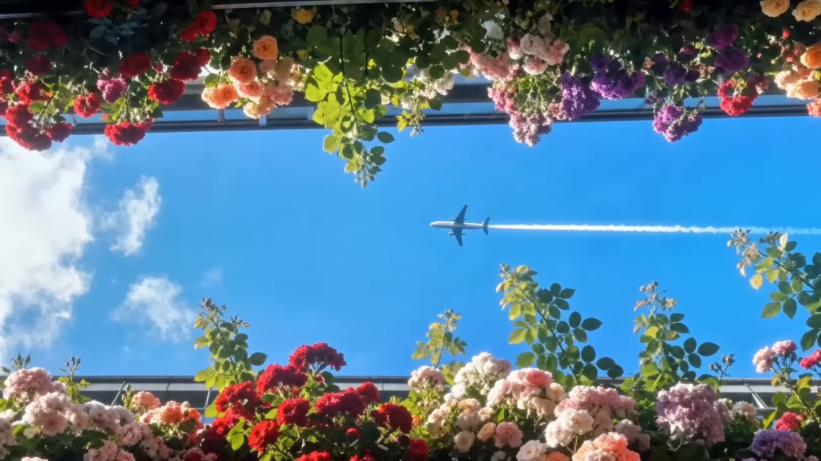 Looking up through flowers into open sky as a plane passes overhead.